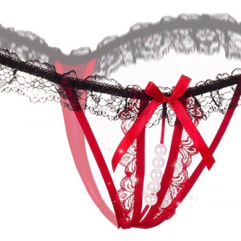5 Pearl Red & Black lace G-String fits S to XL